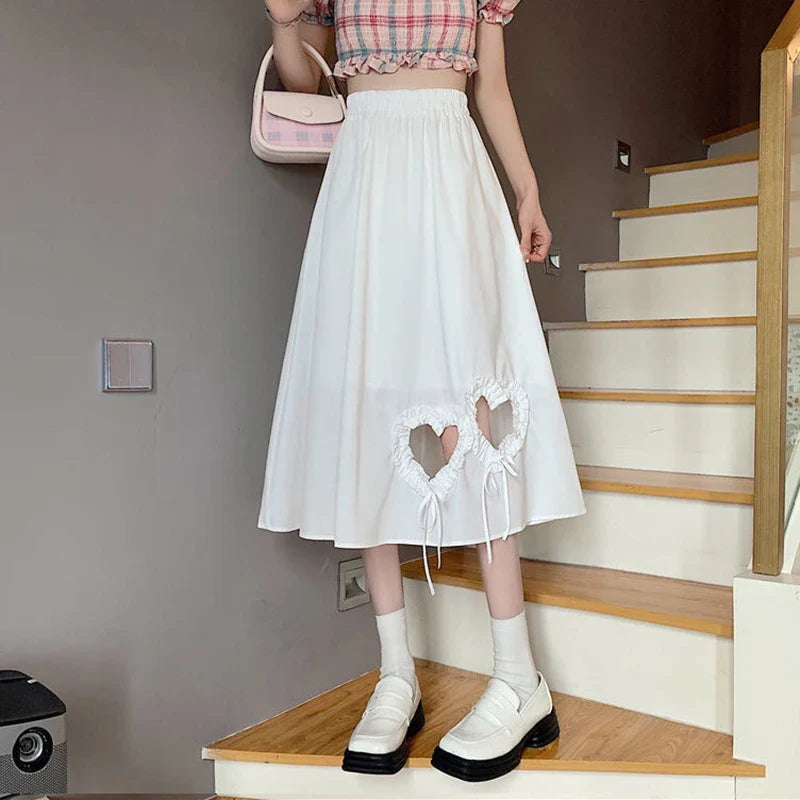 vmtvr Y2K Women Love Hollow Out Skirts Korean Streetwear Bow Black A Line Skirts Summer All Match Female High Waist Midi Skirts New