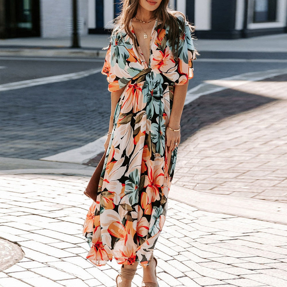 vmtvr -  Spring New Chiffon Dress V Collar Raglan Sleeve Beach Vestidos Boho Floral Printed Split Maxi Dress Mujer Robe Femme été