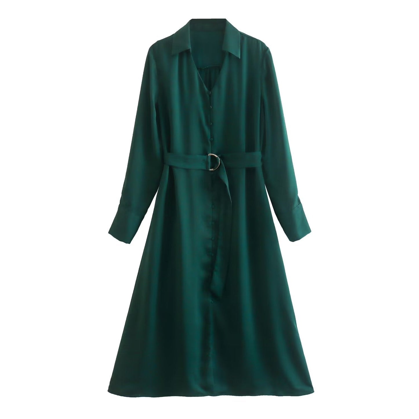 vmtvr  New Spring Women With Blet Green Satin Shirt Dress Long Sleeve Female Midi Vestidos