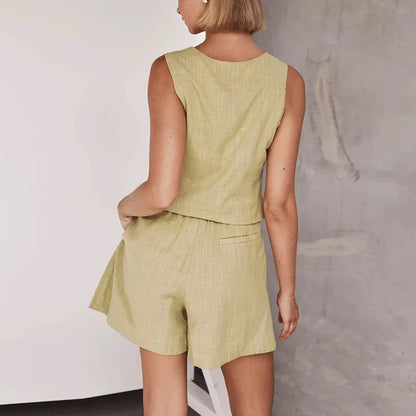 vmtvr New Spring Solid Two Piece Suit Casual Single Breasted Vest Suit Coat & Pocket A-Line Shorts Women Set Summer Sleeveless Outfits