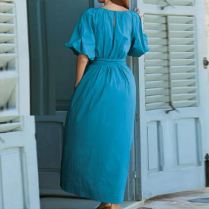 vmtvr Elegant O-neck Lace-up Waist Long Dress Women Fashion 3/4 Bubble Sleeve Loose Party Dress Spring Summer Casual Solid Maxi Dress