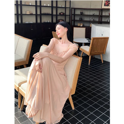 vmtvr  -  Summer Drawstring Pleats Mesh Long Dresses for Women New Elegant Fashion Evening Party Korean Pink Bodycon Female Clothing