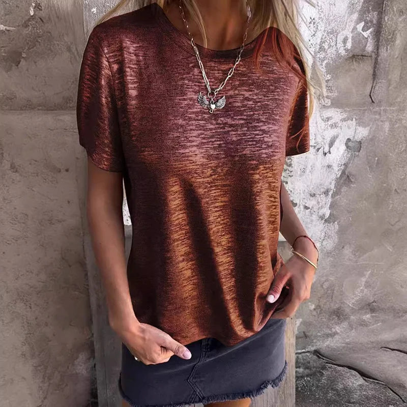 vmtvr Vintage Fashion Bronzing Women Blouse 2024 Spring Round Neck Office Lady Shirt New Summer Short Sleeve Loose Women Tops Pullover