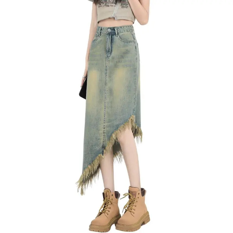 vmtvr Tassel Raw Edge Women Midi Denim Skirt Spring Summer Korean Streetwear Fashion Irregular Distressed Straight A-line Skirt Shorts