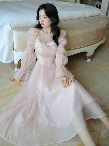 vmtvr Elegant Evening Party Midi Dress Women Bubble Sleeve French Vintage Sweet Dress Female Pink Korean Style Fairy Dress Autumn