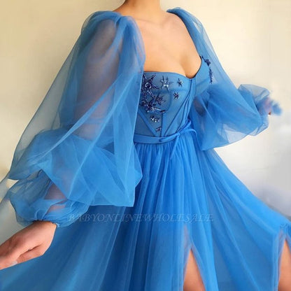 vmtvr Simple Blue Prom Dresses Long Puff Sleeves Exposed Boning Illusion Evening Dresses High Slit Tulle A-Line Formal Gowns