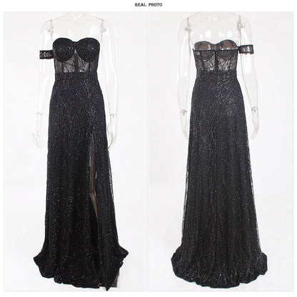 One Sleeve Strapless Long Ball Gown Split Leg Hollow Out Padded Black Glittered Party Maxi Dress