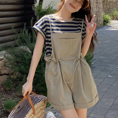 vmtvr High Waist Women Playsuits Korean Casual Pocket Loose Rompers Summer Fashion All Match Female Streetwear Bib Shorts