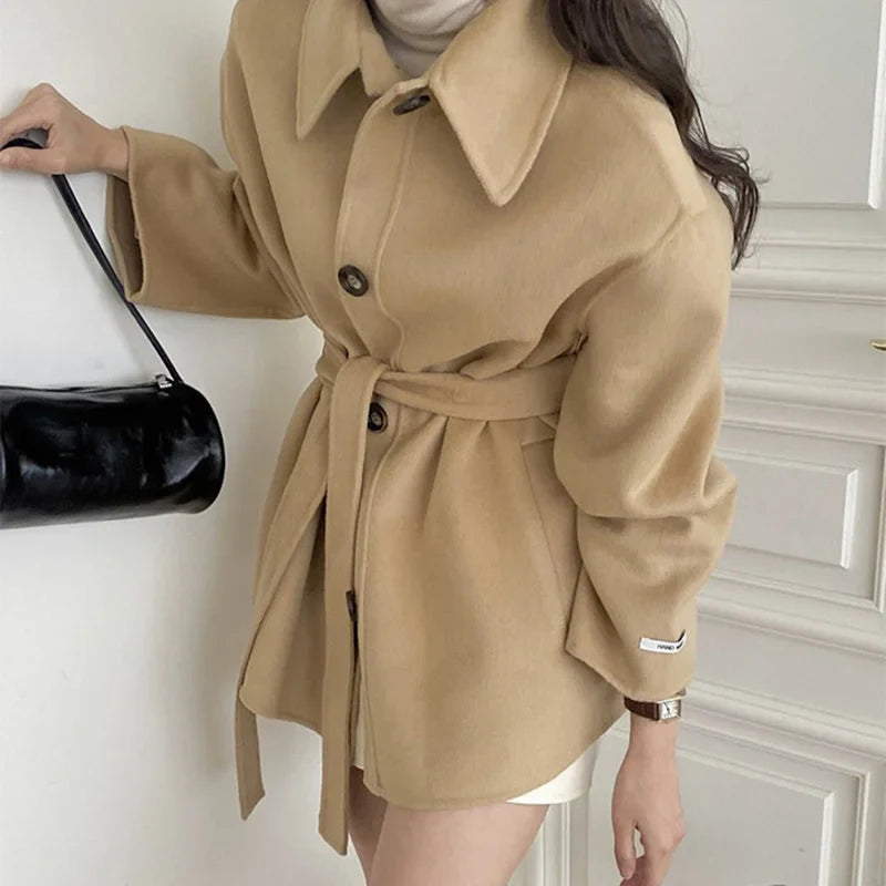 vmtvr Retro Winter Woolen Coat Women Loose Lapel Long Sleeve Lace-up Single-Breasted Jacket New Elegant Mid-Length Casual Outwear