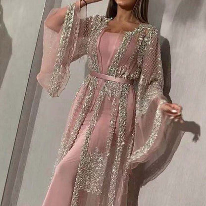 vmtvr Fashion Sequins Mesh Mopping Maxi Dress French Vintage Belt Women Club Dress Elegant O Neck Flare Sleeve Lace Evening Dress