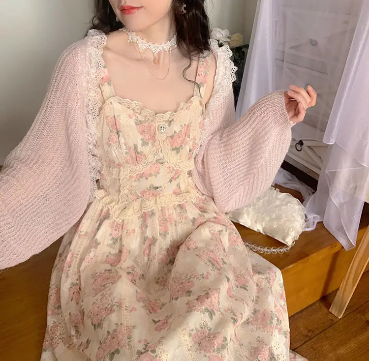 vmtvr Chiffon Lace Strap Dress Women Floral Embroidery Fairy Vintage Long Dress Female Sweet Princess Casual Party Dresses Summer