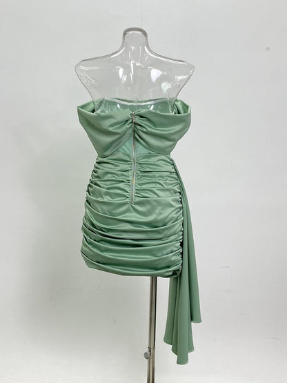 New Green Satin Draping Off Shoulder Corset Dress Elegant Backless Pleated Slim Mini Dress Celebrity Club Night Party Evening