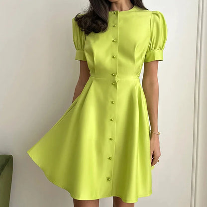 vmtvr Fashion Summer O-Neck Puff Sleeve Solid Dress Women Elegant Peal Buttons A-Line Dresses Ladies High Street Slim Waist Mini Dress