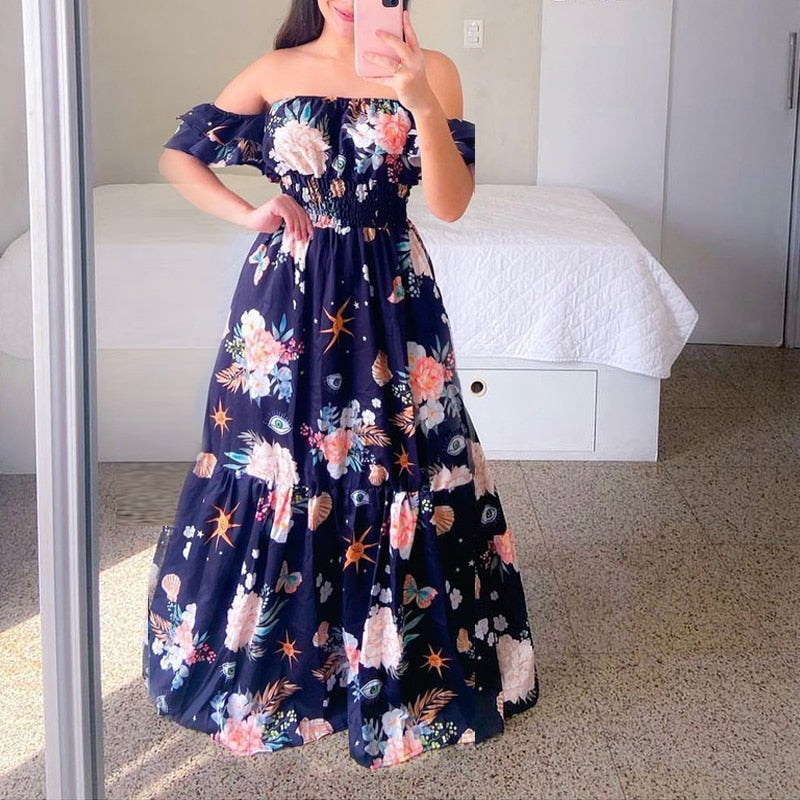 vmtvr Sexy Off The Shoulder Tube Top Dress Butterfly Rainbow Floral Print Dress Ladies Elegant Slim Summer Bohemian Party Maxi Dresses