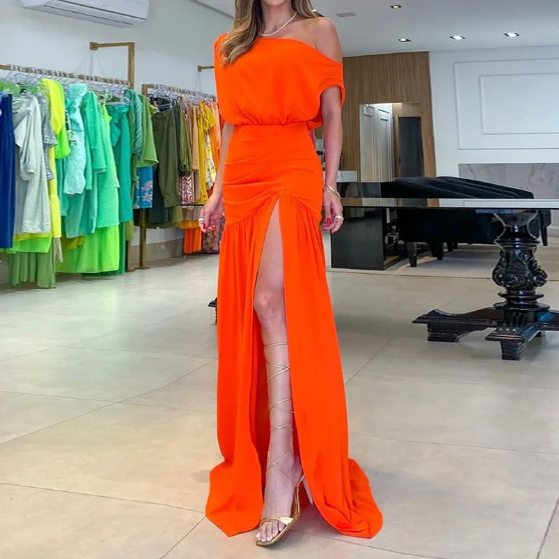 Women Maxi Dress Summer Fashion Casual Solid Nipped Waist Slim Slanted Shoulders Pleated Slit Evening Party Dresses