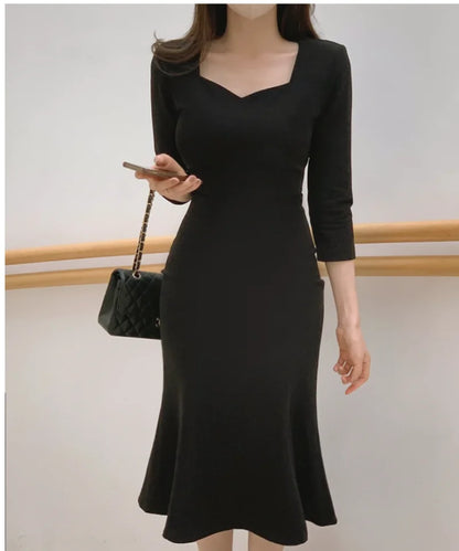 vmtvr  -  Korean Chic Sexy Fishtail Dress Summer New Fashion Versatile Styling Square Neck Slim Solid Colour Midi Party Dresses Women