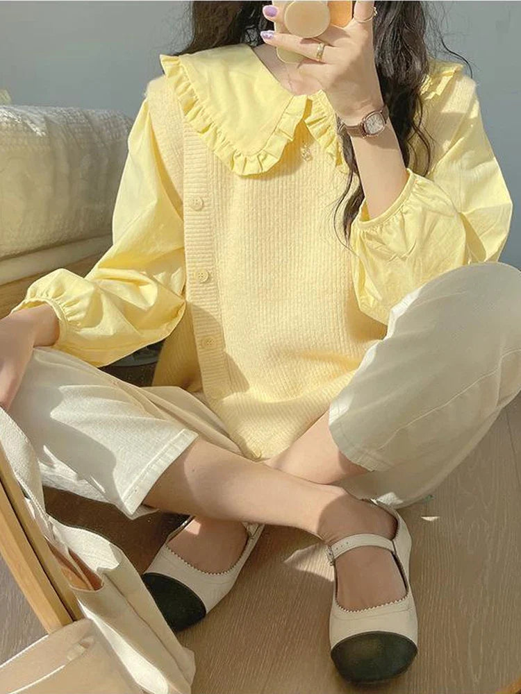 -New Sweet Peter Pan Collar Button Down Shirts Women Korean Fashion Ruffle Long Sleeve Blouse Woman Outwear