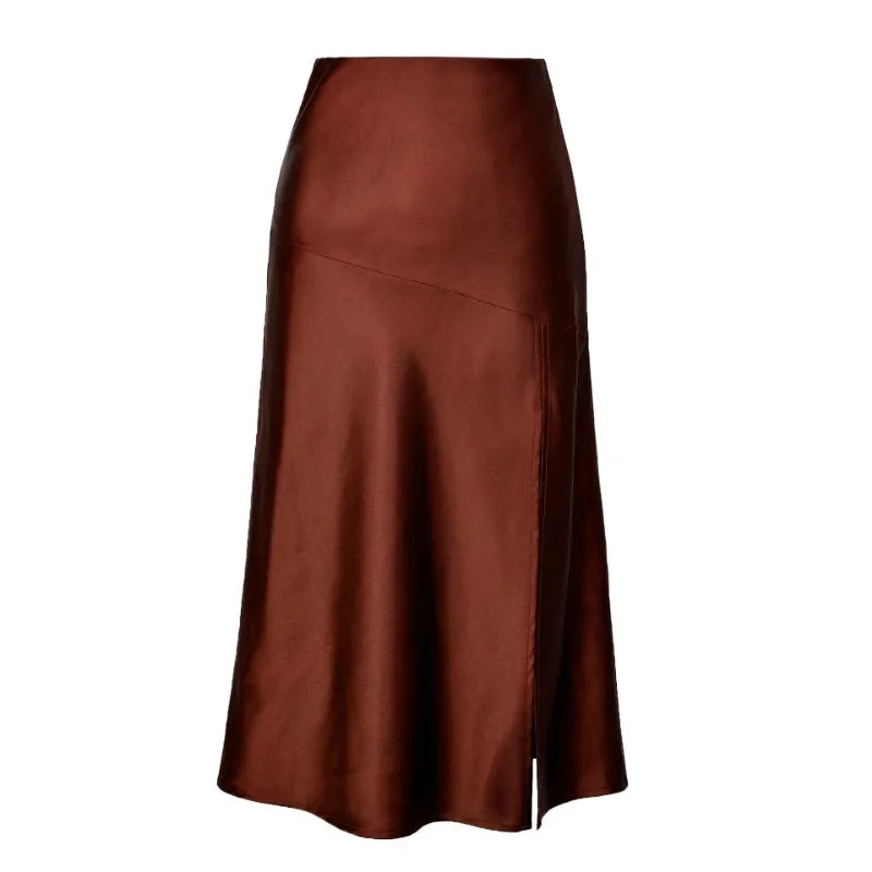vmtvr Women Elegant Satin Skirt Elastic Waist A-Line Summer Slit Casual Solid Female Slim Falda Boho Holiday Beach Escocesas De Mujer