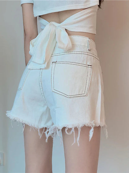 vmtvr Irregular Design Women Denim Shorts High Waist Summer Y2k Jeans Summer High Waist Tassel Cross Light Blue Female Shorts