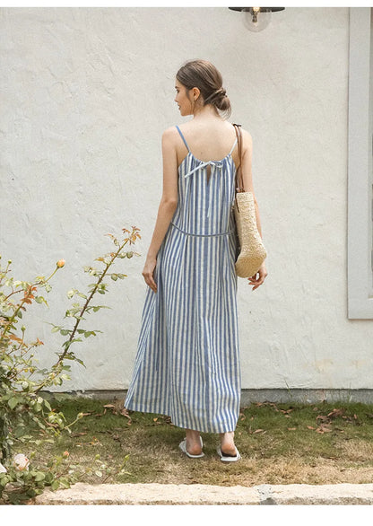 vmtvr Striped Halterneck Cotton Linen Dresses Summer New Casual Beach Vacation Sleeveless Loose Women Long Dresses Maxi Boho Sundress