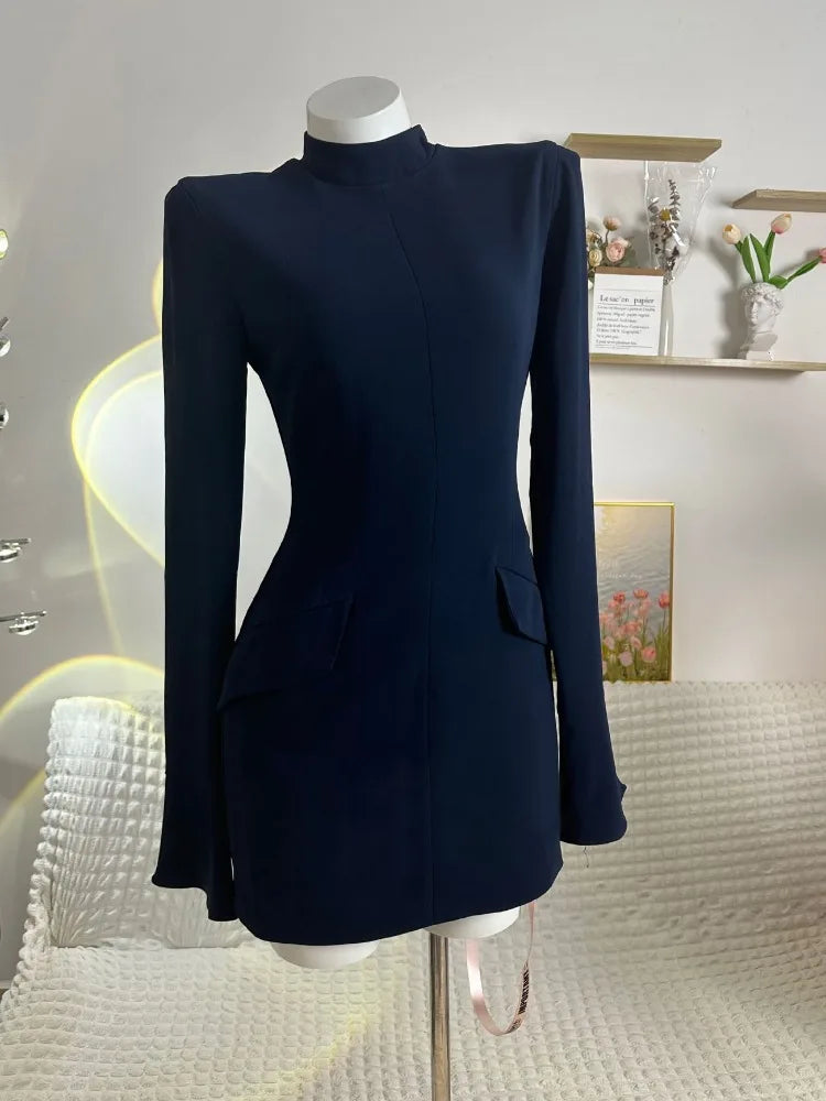 vmtvr Patchwork Solid High Waist Mini Dress Female Fashion Long Sleeve Autumn Pocket Slim Dress Casual Women's Dress New