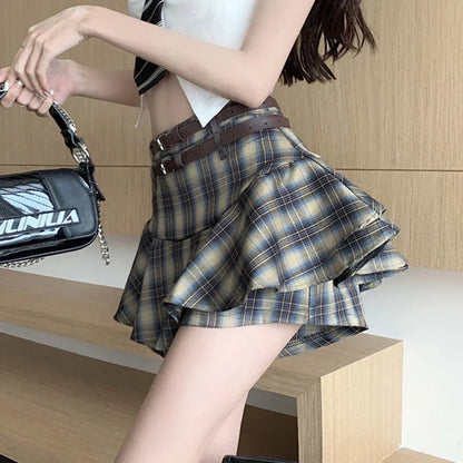 vmtvr High Waist Women Plaid Skirts Korean Fashion Belt Ruffle Mini Skirts Y2K Female Streetwear A Line Pants Skirts Summer New