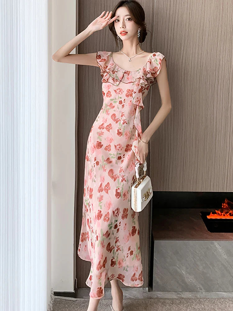 vmtvr Korean Fashion Floral Chiffon Ruffled Sling Long Dress Women Summer Elegant Casual Holiday Beach Dress 2024 Chic Luxury Vestidos