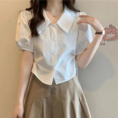 vmtvr Women White Shirts Summer Casual Lace Up Shirring Female Short Sleeve Tops Korean All Match Cropped Puff Sleeve Blouse