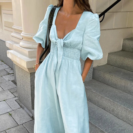 vmtvr Original V-Neck Strap Design Cotton Linen Dress Spring and Summer Women's High Waist Bubble Sleeves Beach Vacation Casual Dress