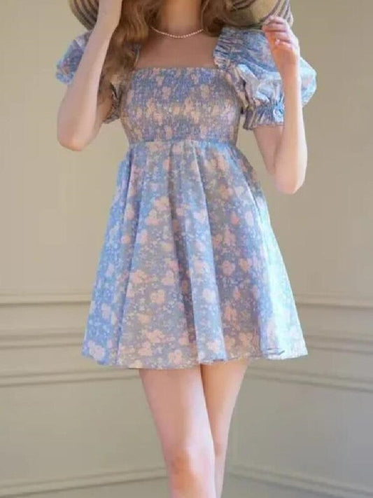 Sweet Princess Blue Flower Print Square Collar Puff Sleeve Mini Dress Elastic Ruched Chest Backless V Back Woman Fairy Robe