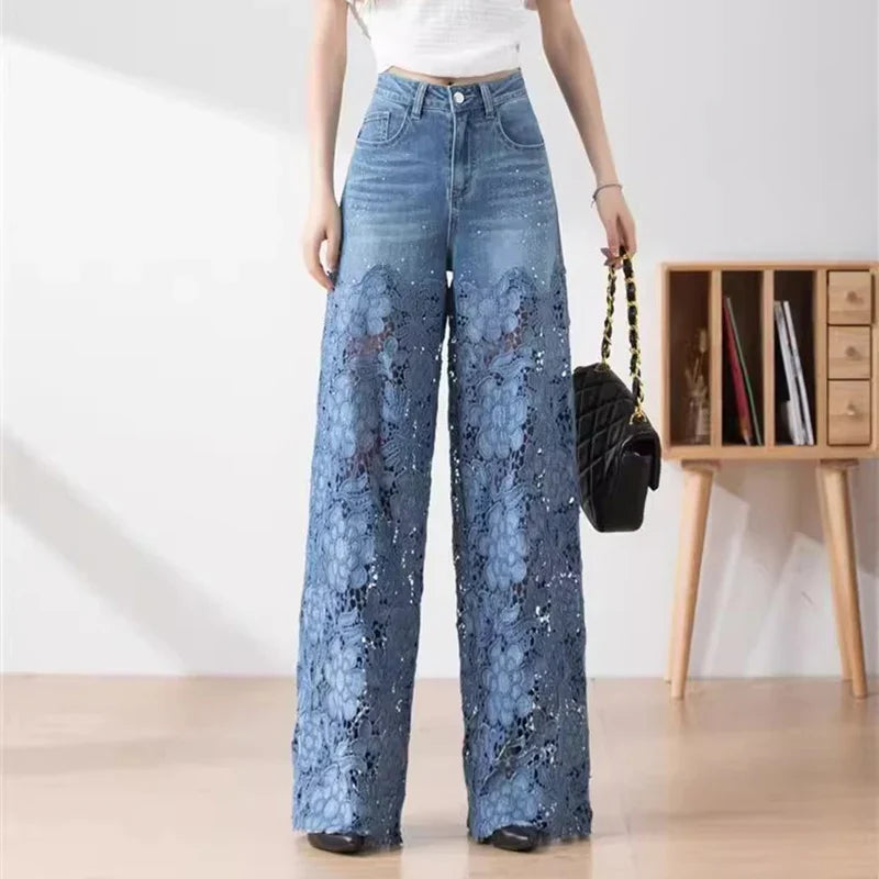 vmtvr Fashion Women's Jeans 2024 New Summer High-Waist Openwork Lace Stitching Denim Wide-Leg Pants Female Straight Trousers