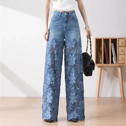vmtvr Fashion Women's Jeans 2024 New Summer High-Waist Openwork Lace Stitching Denim Wide-Leg Pants Female Straight Trousers