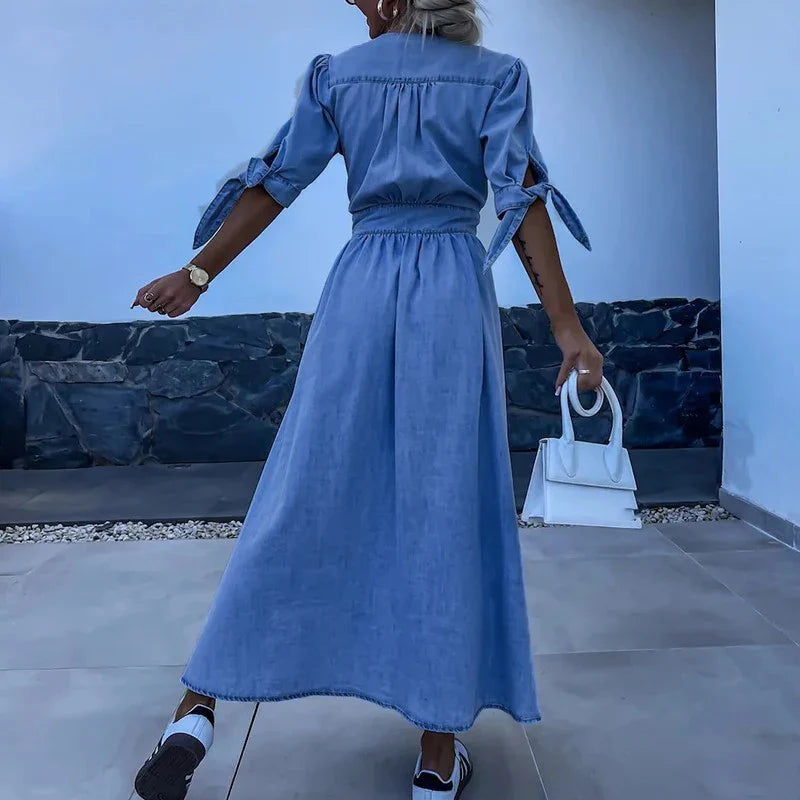 vmtvr  -  Elegant Deep V-neck Half Sleeves Denim Dress Women Fashion Single-breasted Solid Long Dress Casual Hight Waist Solid Party Dress