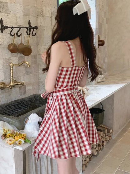 vmtvr Sweet Plaid Dress for Women Summer Fashion Elegant Chic Strap Mini Dress Female Birthday Even Party Korean Style Dress Slim