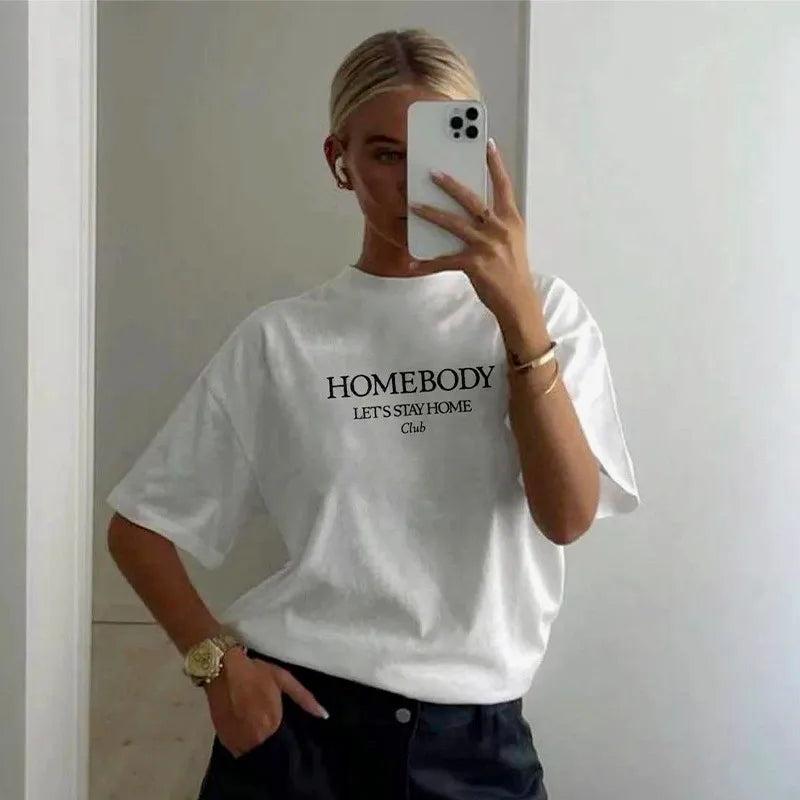 -Retro sports style outfit streetwear 90s fashion Let's Go Stay Home Club Letters Printing Women Summer Casual T shirts Short Sleeve Loose Cotton White Tops Ins Fashion Tees