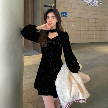 vmtvr Red Velvet Elegant Party Mini Dress Women Sequins Long Sleeve Wram Vintage Dress Ladies Casual Korean A-line Dress 2023 New Year