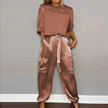 vmtvr 2024 Spring Summer Smooth Satin 2pcs Sets Women O Neck Half Sleeve Top & Tie-up Pants Outfits Casual Patchwork Loose Female Suit