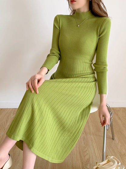 vmtvr - Autumn Winter  Slim Long Sleeve Party Midi Dress for Women Knitted Half High Collar Elegant Knitted Sweater Dresses Ladies