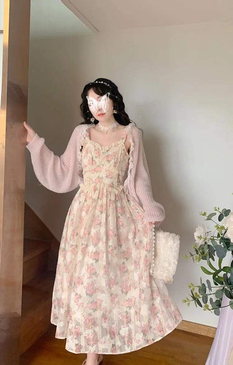 vmtvr Chiffon Lace Strap Dress Women Floral Embroidery Fairy Vintage Long Dress Female Sweet Princess Casual Party Dresses Summer