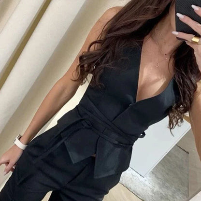 vmtvr Commuter Lady Elegant Deep V-neck Suit Shirt Spring Solid Press Button Tie-up Tee Shirt Summer Sleeveless Tank Top Women T-shirt