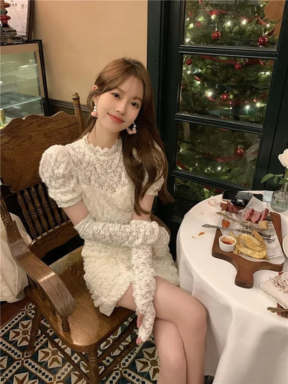 vmtvr Autumn Lace Elegant Y2k Mini Dress Women Casual Party Sexy Bodycon Dress Female Puffer Sleeve One Piece Dress Korea Fashion