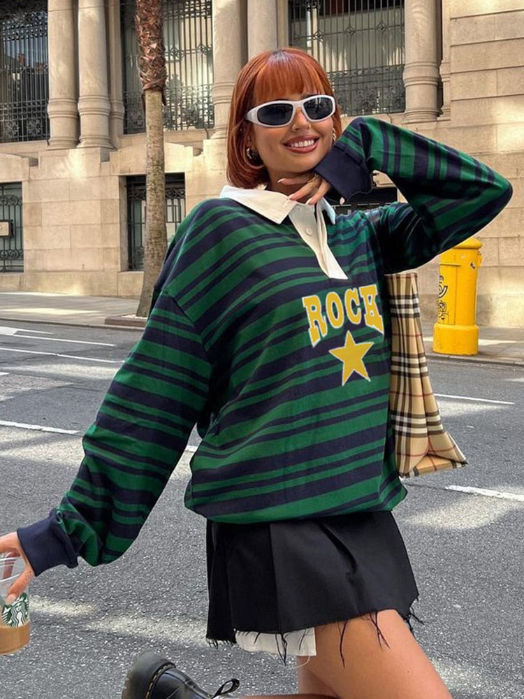 Harajuku Green Stripe Star Print Loose Women's Sweatshirt Preppy Autumn Pullover Tops Korean Clothes Sweat Shirts Y2K