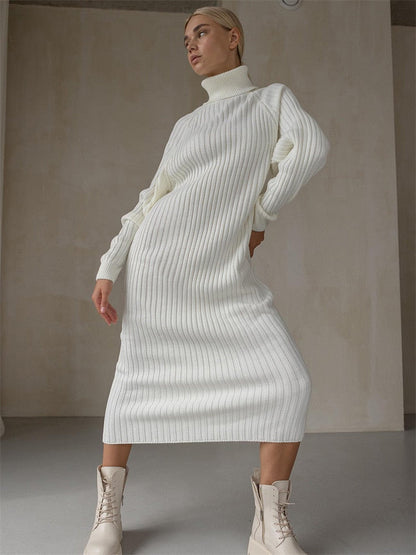 vmtvr - Autumn Knit Loose Turtleneck Maxi Dress Women Ribbed High Waist Fashion Elegant Dress Knitwear Long Sleeve Female Dress