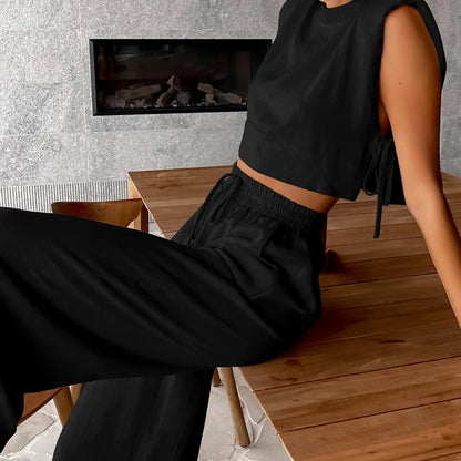 vmtvr Women's Cotton Linen Pants Set Summer Women's Loose Shoulder Pads Side Slit Sleeveless Top Casual Pleated Wide Leg Pants Suit