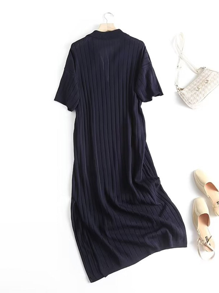 New Autumn Women Vintage Navy Blue Short Sleeve Rib Knit Dress Office Ladies Side Slits Casual Loose Midi Dress