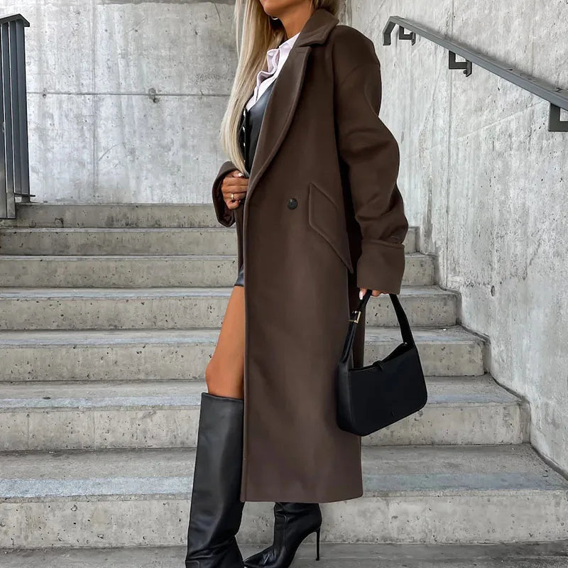 vmtvr Commuter Ladies Elegant Lapel Neck Woolen Coat Autumn Double Button Slim Long Tops Cardigan Winter Long Sleeve Warm Women Jacket