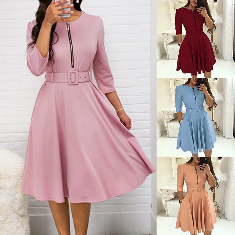 vmtvr - Elegant Women Solid Half Sleeve Party Dress Autumn Casual Zipper Knee-length Midi Dresses Ladies Big Swing Club Dress Vestidos