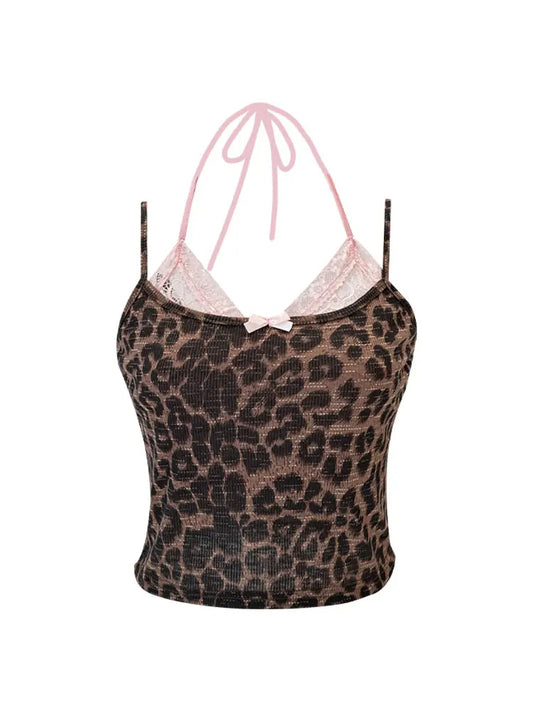 vmtvr Summer Women Korean Ballet Core Fake Two Pieces Camisole Coquette Dark Academia Leopard Print Crop Top Gyaru 2000s Aesthetic Hot