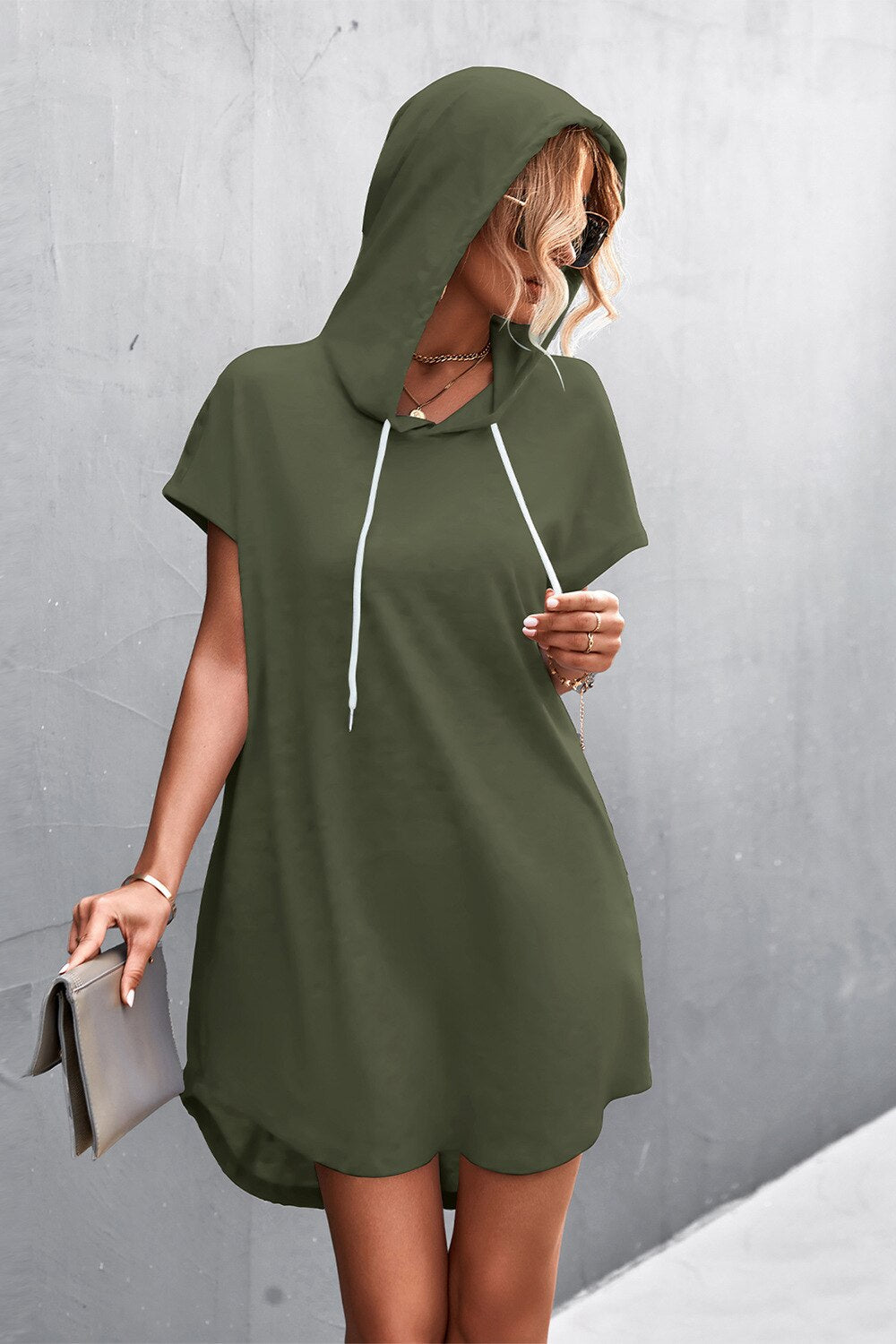 vmtvr - Grey Loose ShortSleeve Hooded Dress Women Streetwear Simple Casual Sports Dresses SolidColor Hoody Dress Casual Basic Mini Dress