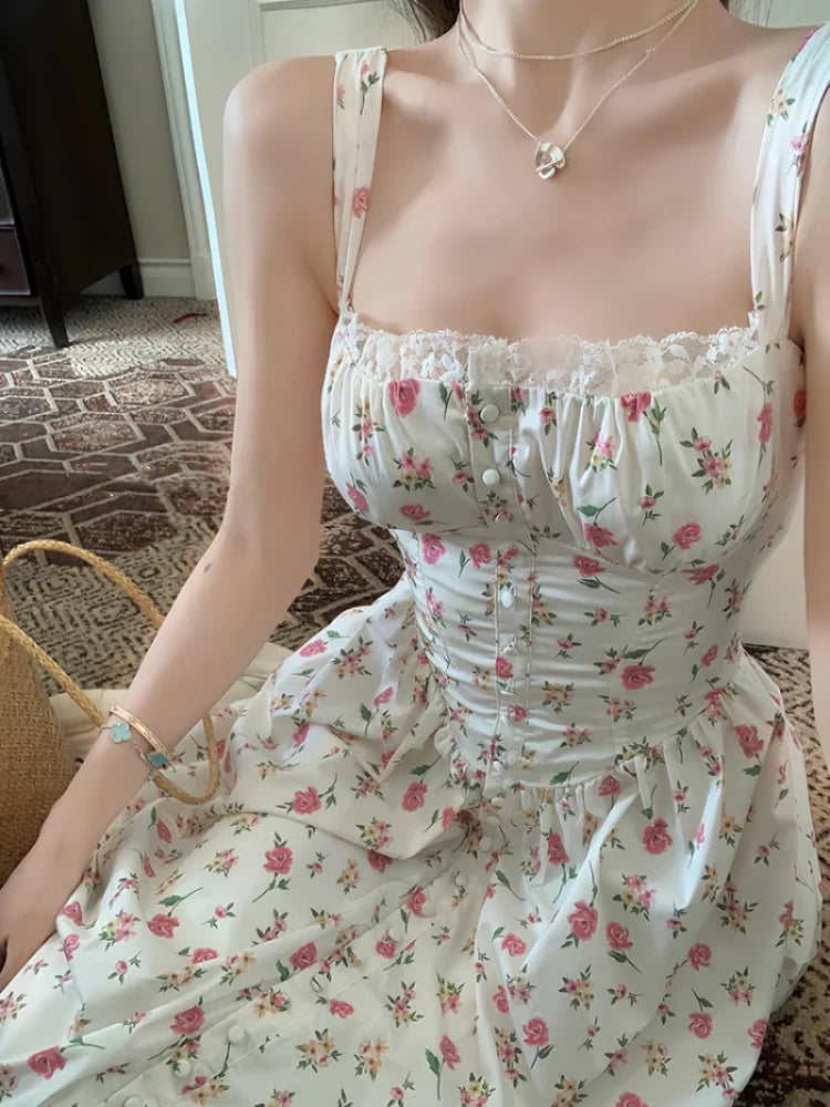 vmtvr  -  Elegant Beach Party White Midi Dresses for Women Summer New Korean Fashion Casual Sleeveless Slim Flower Female Clothing